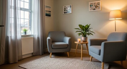 Comfortable Therapy Room with Two Armchairs, Plants, and Soft Lighting for Relaxation