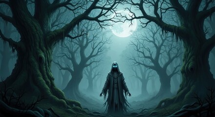 Mysterious Cloaked Figure with Glowing Eyes in a Moonlit Fantasy Forest