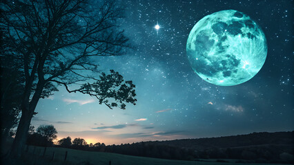 Fototapeta premium Teal Moon on Black Background – Minimalistic Night Sky Art with Glowing Lunar Design