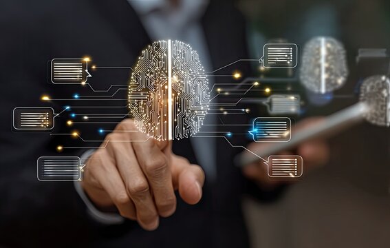 Businessperson interacts with a holographic AI brain