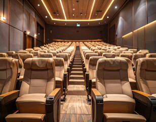 Fototapeta premium Empty Beige Chairs in a Modern Auditorium with Warm Lighting