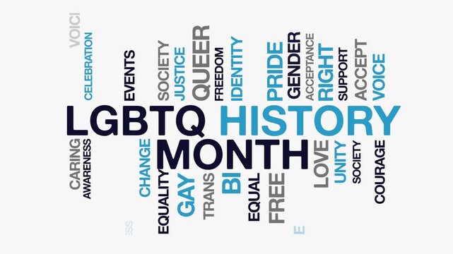 LGBTQ History Month concept Animated Tag Word Cloud kinetic typography, Text Design Animation typography seamless loop video motion graphics Intro 4k,  Word Art Looping Text effects blue black grey ty