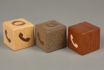 Three wooden cubes, each with a phone icon, are arranged in a row on a gray surface