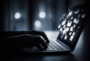 Silhouette of hands typing on a laptop at night, email notifications flooding the screen