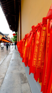 Red prayer ribbons at Longhua Temple in Shanghai, China