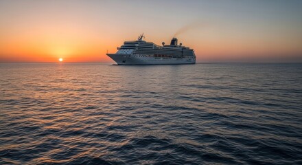 Obraz premium Majestic Cruise Ship Sailing into Golden Sunset on Serene Ocean