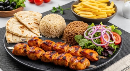 Grilled chicken skewers served with rice, pita bread, and a side salad.