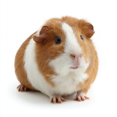 Cute, plump guinea pig, reddish-brown and white, sitting on white background