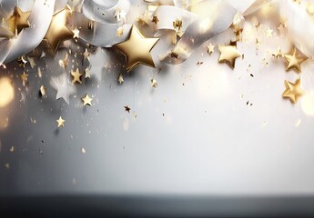 Festive, celebratory backdrop of gold stars and white ribbons on a light gray background, with bokeh and glitter