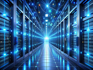 Illuminated server room with glowing lights and data cables for data storage and processing center