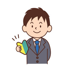 初心者マークを持つビジネスマン　スーツを着た男性のイラスト　新入社員