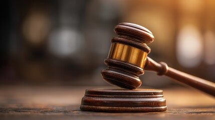 Obraz premium Legal authority gavel in motion. Justice system and court proceedings concept. Wooden judge hammer striking ceremonial block for verdict announcement with copy space 