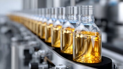 Syrup bottling line operational in dessert production facility featuring numerous filled bottles