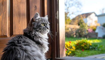 Fluffy gray cat sits at doorway, looking outside
