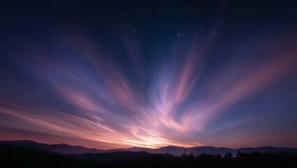 Fototapeta premium Sunset sky over mountain range with vibrant purple and pink clouds streaking outward in dynamic rays and faint stars scattered in deepening evening atmosphere