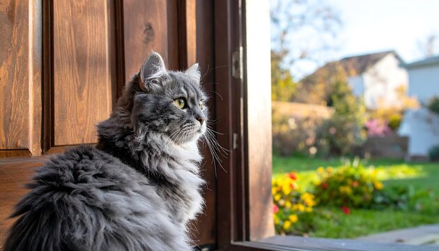 Fluffy gray cat sits at doorway, looking outside