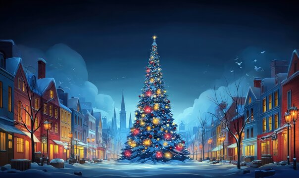 Xmas tree creates festive Christmas joy in the heart of a snow-covered town square where holiday lights dance against the winter evening