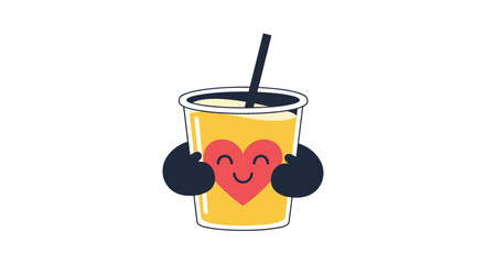Cute yellow drink with happy heart and arms holding itself
