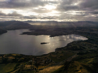 Dramatic Autumn Aerial View of Lake Wanaka from Roys Peak