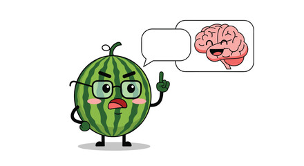 Smart watermelon character thinking about brain and knowledge with glasses and expressing wisdom