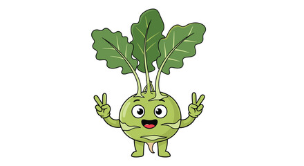 Cute kawaii kohlrabi vegetable character making peace signs with big smile