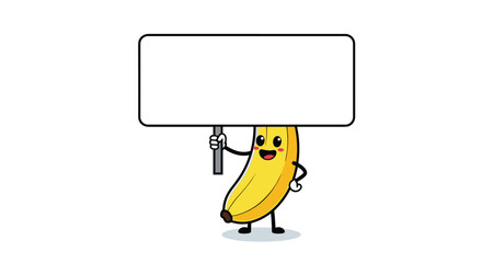 Happy banana character holding blank sign board for message and advertising