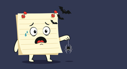Scared sticky note character holding a creepy crawly spider in front of bats and a dark background