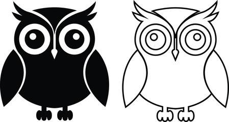 Black owl flat, line icon set, creative vectors of bird silhouette. Simple cartoon nocturnal animal design, decorative graphic symbol artwork. Wildlife illustration isolated on transparent background.