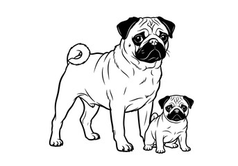 Obraz premium Adult pug dog standing next to a puppy for companionship illustration
