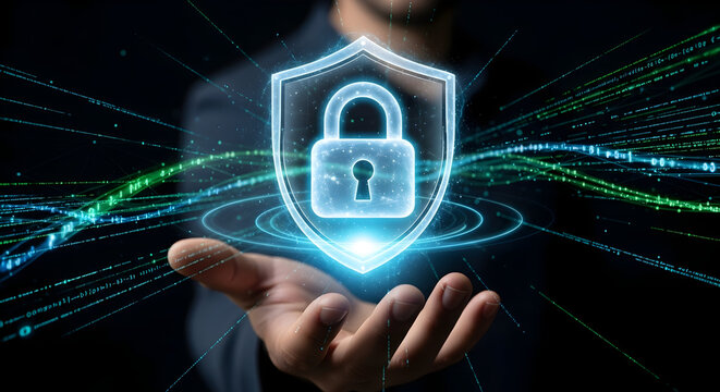 Hands cupping shield lock icon with floating code — cybersecurity protection, encryption and secure access control