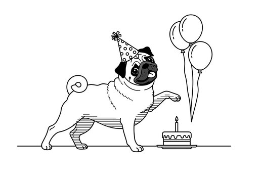 Celebrating pug dog with birthday hat, cake, and balloons - Powered by Adobe
