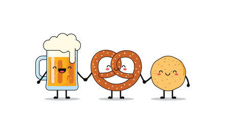 Joyful beer pretzel and bread ball friends holding hands celebrating together
