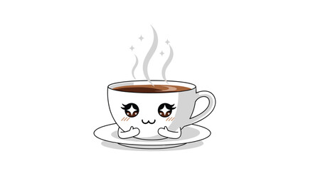 Kawaii coffee cup with steaming hot beverage and cute face design