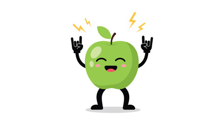 Happy green apple character giving rock on hand gesture and feeling energetic
