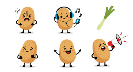 Cute anthropomorphic potatoes expressing different emotions with music and megaphone