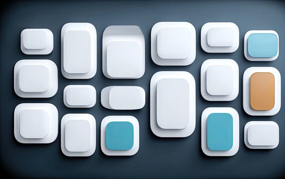 Abstract, 3D-rendered graphic of various-shaped, light-white rectangular and square buttons or tiles arranged in a grid on a dark gray background with pops of teal and orange color accents - Powered by Adobe