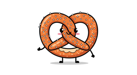 Cute cartoon pretzel character with happy face and delicious snack