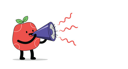 Cute cartoon raspberry character with a megaphone announcing something important and exciting loudly to everyone listening carefully