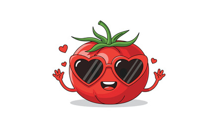Adorable cartoon tomato character wearing heart shaped sunglasses spreading love