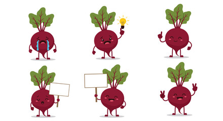 Collection of cute cartoon beet characters expressing various emotions and actions