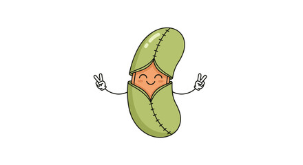 Cute cartoon green bean character waving both hands with peace signs