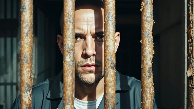 Serious man behind rusty iron bars staring with intense eyes, concept of prison and restriction of human freedom