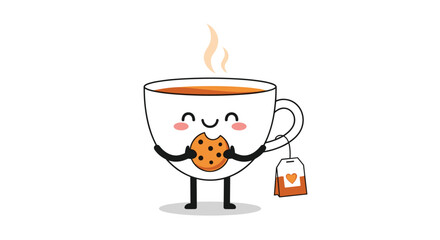 Adorable cute kawaii coffee mug with cookie and tea bag illustration art