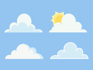 A Collection of Fluffy Cartoon Clouds Isolated on a Bright Blue Background with a Sun