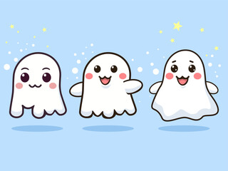 Obraz premium Set of Three Cute and Friendly Cartoon Ghosts Standing on a Light Blue Background with Stars