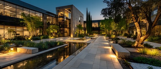 Modern corporate office park at dusk with illuminated pathways and glass facades, expansive clear sky ideal for branding campaigns, reflecting professional business success