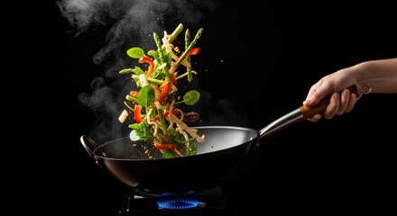 A person tossing fresh vegetables and noodles while cooking in a wok over a gas flame.