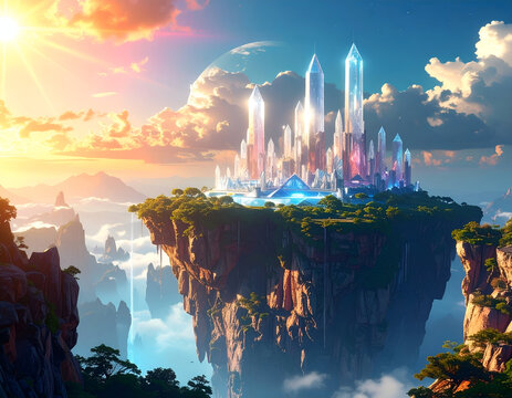 Floating Cityscape at Sunset: A Fantasy Island with Glowing Glyphs - Powered by Adobe