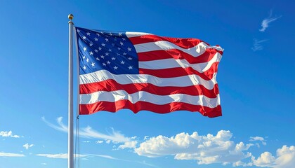 Obraz premium The flag of the United States of America waving proudly in the wind against a beautiful, clear blue sky with light clouds, a symbol of freedom and patriotism