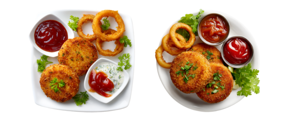 Crispy Fried Fish Cakes Onion Rings Sauces Delicious Meal